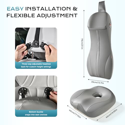 Image of Coverado Memory Foam Car Seat Cushion and Lumbar Support Headrest Pillow, 2-in-1 Integrated Ergonomic Back Support Neck Pillow, Breathable Seat Cushion for Sciatica Back Tailbone Pain Relief, Gray