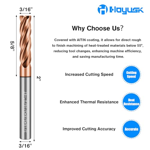 Image of 3 /16 inch Carbide End Mills - 4 Flute Square End Mill with AlTiN Coating, HRC 55 Deg, 4T Tungsten Milling Bits for Stainless Steel, Hardened Steel, Cast Iron, Copper, Alloys & More