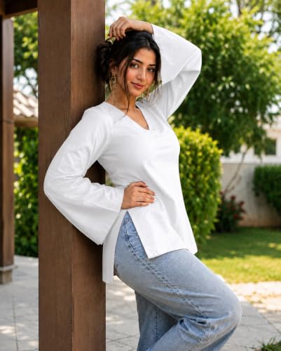 Image of Women's Cotton Short Kurti Black Solid Plain V Neck Full Bell Sleeve Casual Stylish Short Kurta for Women for Jeans Daily Girl Top