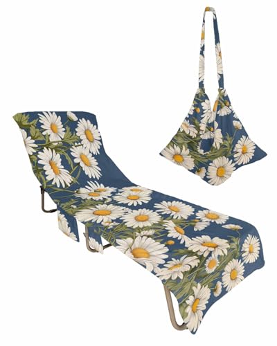Daisy Beach Lounge Chair Towel Cover, Soft Chaise Lounge Towel with Side Pockets Patio Pool Chairs Cover for Beach/Pool Sunbathing 29x85 Spring Floral Summer Botanical Elegant Navy Blue