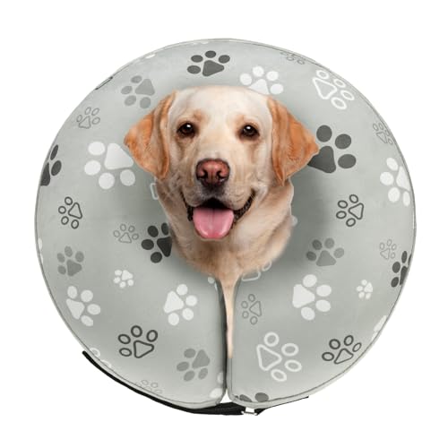 Image of SCENEREAL Dog Cone Alternative After Surgery Donut Collar, Soft Pet Recovery Pillow Collar for Medium Large Dogs, Inflatable Adjustable Neck Collars to Prevent Licking, Grey Footprints L
