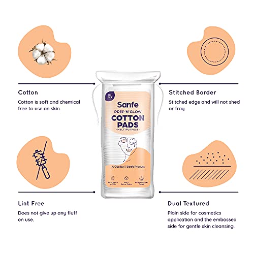 Image of Sanfe Prep 'N' Glow Face Cotton Pads for women - Pack of 80 | Cleans makeup |Cleans excess oil | Soft and gentle on skin with 100% natural cotton