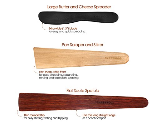 3-Piece Wooden Kitchen Cooking Utensil Set - Comes W/A Thin Wood Spatula Flipper, Wooden Cast Iron Scraper Stirrer And Butter Turner/Cheese Spreader - Wooden Utensils Set - Made In Usa - Bme #TOP1