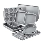 Farberware Nonstick Steel Bakeware Set with Cooling Rack, Baking Pan and Cookie Sheet Set with Nonstick Bread Pan and Cooling Grid, 10-Piece Set, Gray