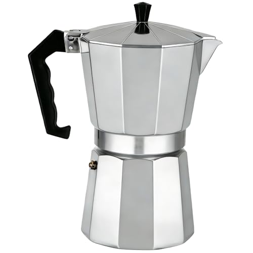 Vexaflow Cafetera Italiana de Aluminio, Compatible con Cocinas de Gas, Vitrocerámica, 6 Tazas, Moka Espresso con Mango Ergonómico, Válvula de Seguridad y Junta de Silicona