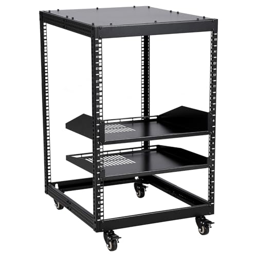 Image of Aptliton 15U Open Frame Server Rack 19 Inch, Adjustable Depth 58.5-101.6cm Network Cabinet, Wall Mount Data Cabinet with 2 Shelves & Casters, Heavy Duty AV Rack for Home Lab, Black