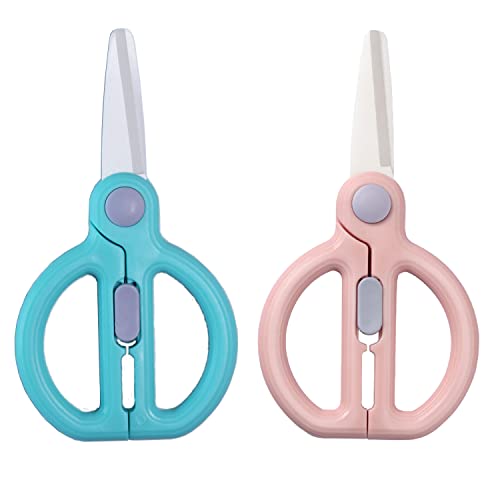 Image of Dampen Ceramic Scissors for Babies, Portable Baby Scissors, Children Safety Food Cutter, with Blade Cover and Travel Case (Pink and Green)