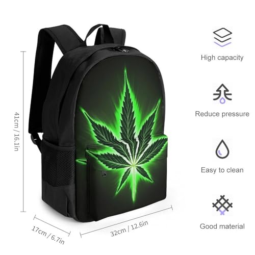 Backpack, Men Women Green Weed Leaf Leaves Black Casual Lightweight Daypack for Sports, Travel, Cute Reusable Shoulder Bag for Daily Use2