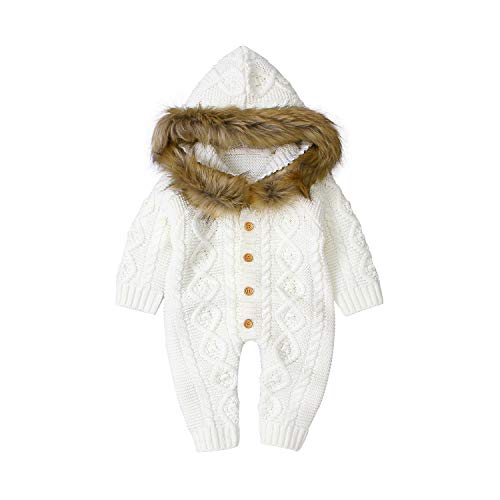 Hadetoto Layette Cable Sweater Romper with Faux Fur Hood, Baby One-Piece Jumpsuit Coveralls Warm Long Sleeve Outfit 12-18 Months White