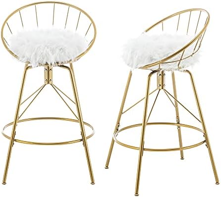 Awonde 26" Swivel Bar Stools with Backs Set of 2 White Fur Upholstered Counter Height Stools Gold Bar Chairs with Metal Legs
