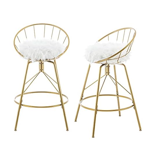 Awonde 26" Swivel Bar Stools with Backs Set of 2 White Fur Upholstered Counter Height Stools Gold Bar Chairs with Metal Legs