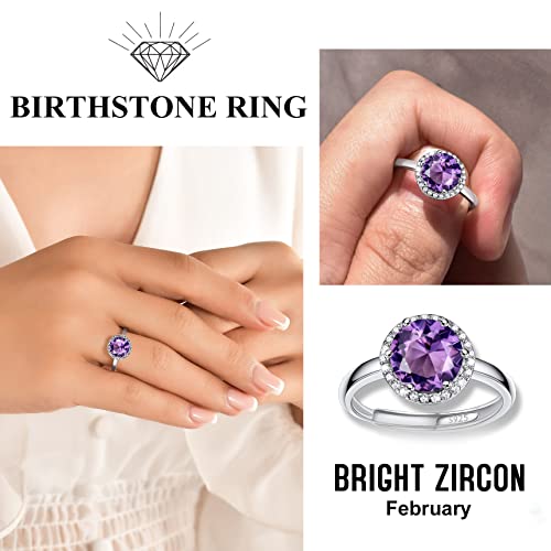 Bestyle 925 Sterling Silver Round Crytsal Cubic Zirconia Rings | Classic Silver February Amethyst Crystal Birthstone Rings For Women, Great Birthday Gift For Daughter/Wife/Mom/Grandma #TOP2