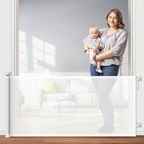 PetStars Retractable Baby Gate, Mesh Dog Gate or Mesh Baby Gate 55'' Wide 33'' Tall Safety Child or Pet Gate for Indoor Outdoor Stairs, Doorways, Hallways, Deck, White