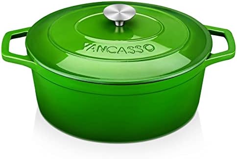 vancasso Dutch Oven, 6 Liters Oval Cast Iron Casserole Dish with Lid, Naturally Non-Stick Slow Cook Enamelled Cast Iron Pot, Graduated Grey Exterior with Cream Interior - 30cm