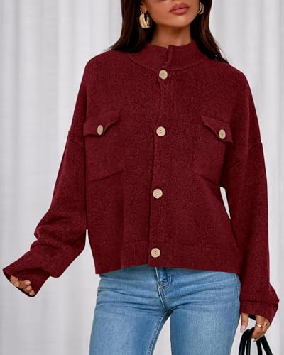 KIRUNDO Cardigans for Women Trendy Button Up Sweater Jackets Mock Neck Long Sleeve Loose Fit Chunky Knit Outwear Coats(Burgundy, XX-Large) — view 3