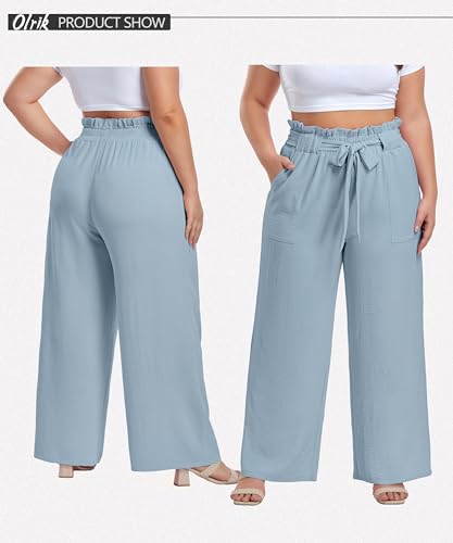 Image of OLRIK Women's Plus Size Pants Adjustable High Waisted Wide Leg Palazzo Pants Casual Trousers with Pockets Spring Clothes