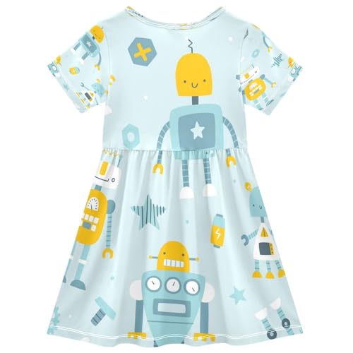 Cute Blue Robots Girls Dress Short Sleeve Dress Girls' Summer Sundress 4T2