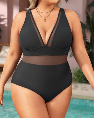 Image of Aqua Eve Womens Plus Size One Piece Swimsuit- Tummy Control Bathing Suit Full Coverage Swimwear Mesh-Black 24W