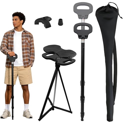ALEVMOOM Canne de Marche avec siège, Canne Pliante Portable, béquilles Tabouret pour Adultes, Tabouret léger rétractable pour Personnes âgées, Charge...