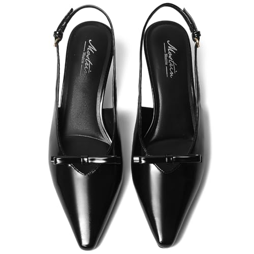 Image of Mostrin Kitten Heels for Women Pointed Toe Pumps Patent Leather Low Heel Slingback Heels with Buckle Dress Shoes for Dating Party Working