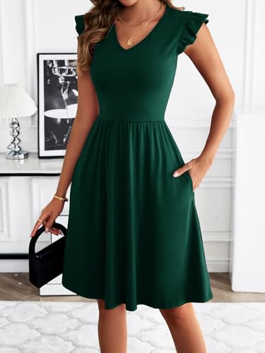 HELYO Women's Summer Dresses Cute V Neck Ruffle Sleeve Cocktail Short Work Casual Dress with Pockets 6484