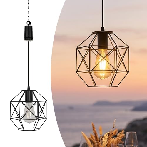 Battery Operated Hanging Lantern Outdoor, Waterproof Metal Pendant Light with 6 Hours Timer, Battery Powered Gazebo Lantern for Porch Pergola Patio Garden Indoor Decor