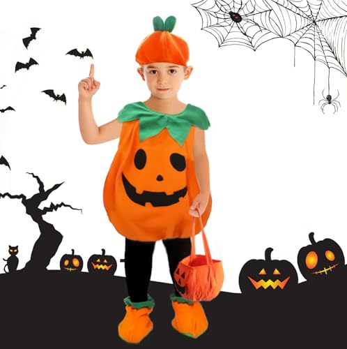 LUBOXIN Costume da Zucca di Halloween per Bambini, Costume Zucca Neonato, Vestito Halloween Bambino con Sacchetto di Caramelle di Zucca per la Festa Cosplay di Halloween e Carnevale