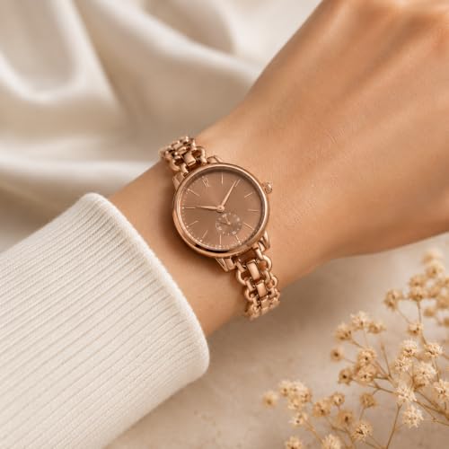 Image of HALFDOT Women's Brown Analog Wrist Watch | Elegant Chain-Link Metal Strap Quartz Watch | Fashion Wrist Watch for Women & Girls