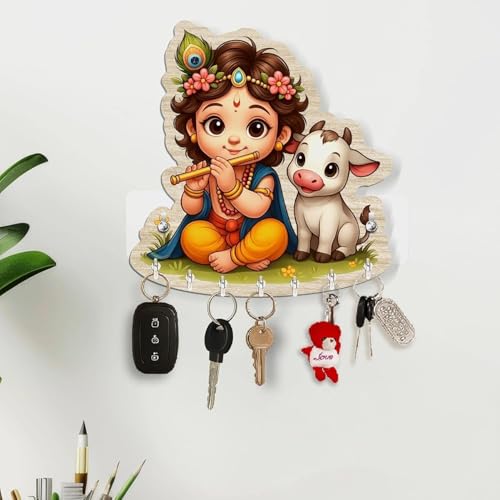 Image of CAPIO ART Bal Krishna Key Holder for Wall | Wooden Key Stand with Hooks | Home Decor Key Organizer for Easy Key Management & Aesthetic Entryway Display