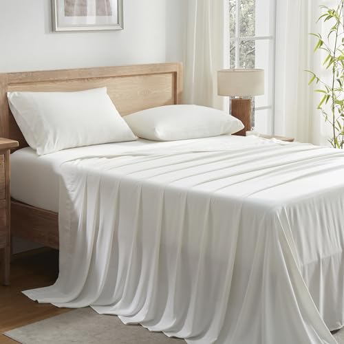 Image of Andency Ivory Full Sheets Set 100% Viscose Derived from Bamboo | Cooling Summer Sheets, Deep Pocket Up to 16 inch, Silky Soft Hotel Luxury Breathable Bedding Sheets & Pillowcases