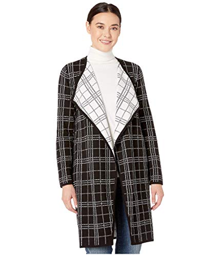 Vince Camuto Long Sleeve Plaid Open Front Maxi Cardigan Rich Black MD