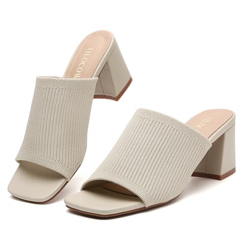 Image of Tilocow Knit Heeled Sandals for Women Square Open Toe Heeled Mules Chunky Block Low Heel Slip On Slides
