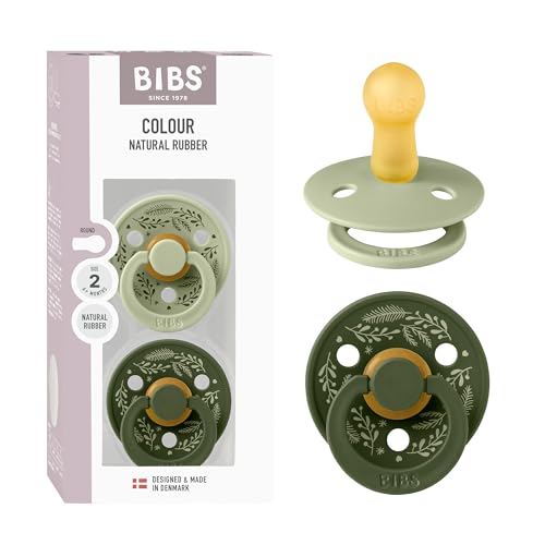 BIBS Colour Holiday Soother 2-Pack, BPA Free Dummy Pacifier, Round Nipple. Natural Rubber Latex, Made in Denmark, Size 2 (6-18 Months), Sage/Hunter Green