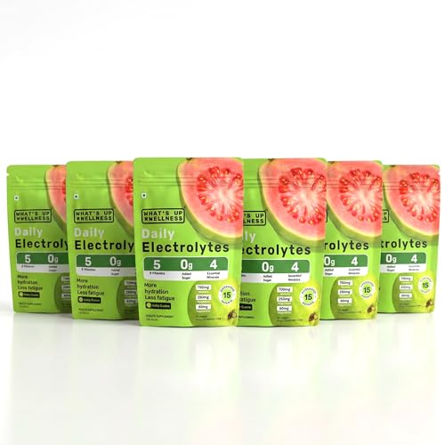 Image of What's Up Wellness Daily Electrolytes Powder - Juicy Guava Flavour | Zero Added Sugar | Instant Hydration - Sodium, Potassium, Magnesium & Zinc | Vegan - 90 Sachets | Pack of 6