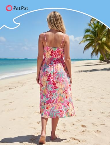 Image of PATPAT Couples Matching Outfits Hawaiian Women Dresses & Men Shirts | Matching Cruise Outfits for Couples, Beach Vacation Outfits, Spaghetti Strap Midi Sundress, Men Boho Tropical Print Shirt
