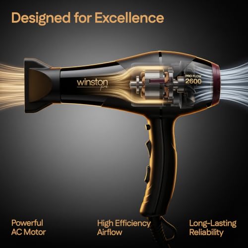 Image of Winston Pro Flow 2600 Watt Professional Hair Dryer with 3 Heat, 2 Speed Settings & 1 Cool Shot Interchangeable Nozzles for Smooth Salon Styling for Men & Women, All Hair Types