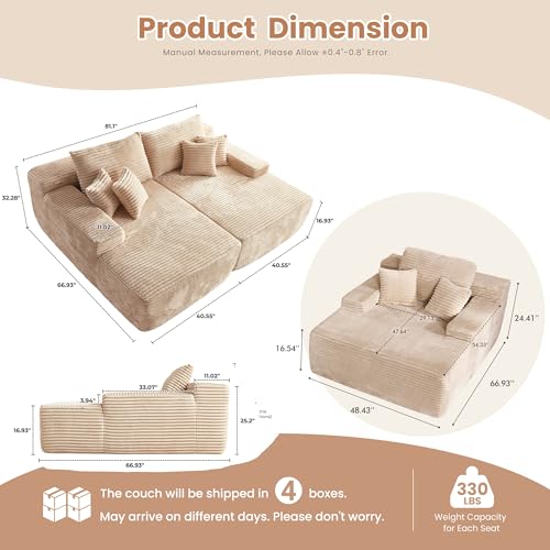 Image of HOOOWOOO Cloud Sectional Couches for Living Room,Modular Sectional Sofa No Assembly,Plush Corduroy Large Floor Couch Furniture Set with Deep Seat Double Chaise and Singlar Lounge(Beige)
