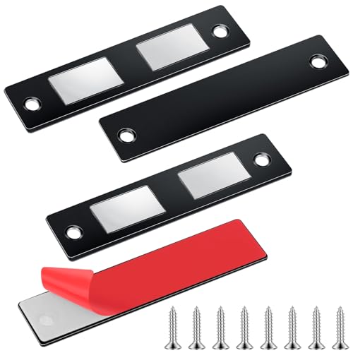 Romon Aimant Porte Placard, 2 Pièces Ultra Mince Loqueteaux Magnétiques Puissant Aimant de Porte Placard Cuisine Loquet Magnétique Vis Aimant Meuble Fermeture pour Tiroir, Armoire Coulissant, Noir