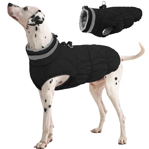 Image of Dog Winter Coat Fleece Warm Large Dog Coat with Harness Built in | Dogs Cold Weather Fleece Coats Zip up Reflective Dog Winter Vest Windproof Water Resistant Snow Coats Solid Black L