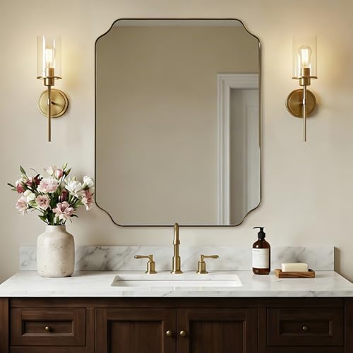ANDY STAR 28x36 Brushed Brass Bathroom Mirror Scalloped Mirror for Bathroom Champagne Bronze Mirror in Anti-Rust Stainless Steel Thin Frame Wall Mount Vertical or Horizontal