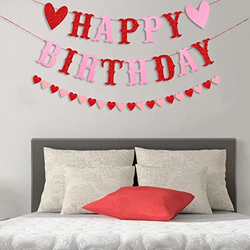 Image of FestikoGlitter Happy Birthday Banner for Valentine's Day Red Pink Glittery Valentines Day Happy Birthday Garland Banner and Heart Garland Valentines Themed Birthday Party Decorations Decor Supplies