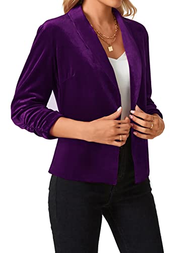 Mintlimit Women's Velvet Blazer 3/4 Ruched Sleeve Jacket Shawl Lapel Open Front Casual Blazers Jackets Purple #TOP4