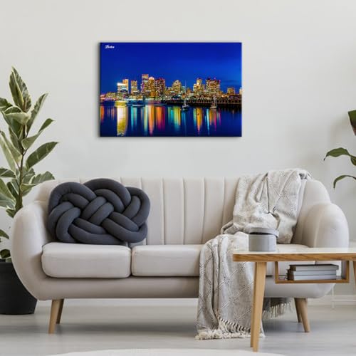 Image of City Canvas Wall Art for Living Room USA Boston Photography Wall Pictures Bedroom Decor Neon Night Cityscape Paintings Prints Modern Urban Skyscraper Artwork Kitchen Office Bedroom Decorations 16x24 inch