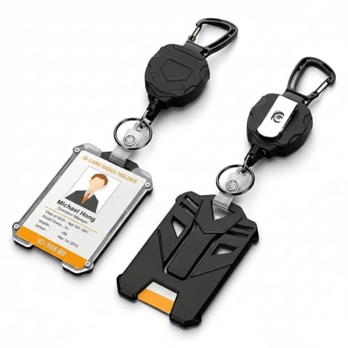 Retractable Badge Holder with Carabiner Clip Heavy Duty ID Card Holder with 80cm Steel Cable Tactical Badge Reel Key Chain Black