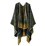 Sisifa Damen Boho Pullover Poncho Schal Wrap Cape Mantel Winter Herbst Vintage Print Stricken vorne offene Strickjacke Decke