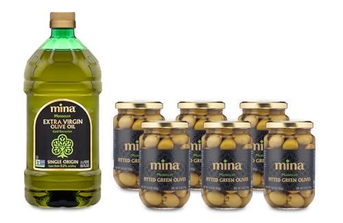 Mina Mediterranean Delights Bundle, Polyphenol Rich Extra Virgin Olive Oil (68 Fl Oz) & Handpicked Pitted Green Olives (12.5 oz, Pack of 6), Naturally Cured and Gluten-Free