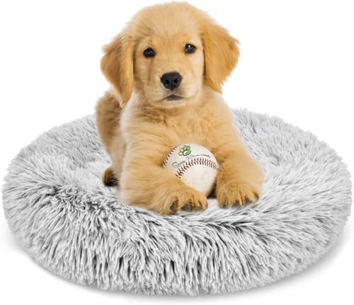 Spring Blossoms - Donut-Shaped Dog and Cat Bed, Non-Slip and Fluffy in Fur, Machine Washable (Light Grey, 50cm)