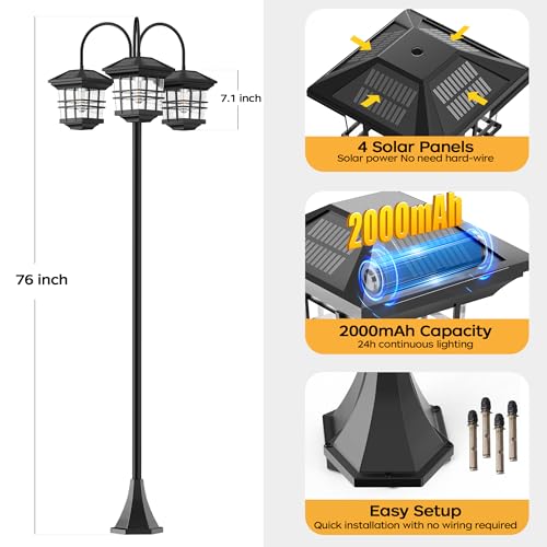 76" Classic Black Solar Lamp Post Lights - 3-Head Waterproof Outdoor Street Lights, Pole Light Decorative Lamp for Backyard, Garden, Driveway, Lawn (LED Bulbs Included)