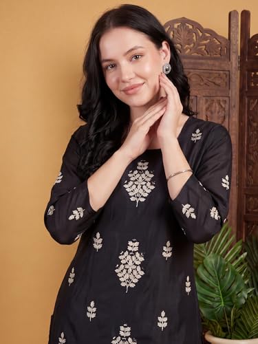 Image of INDO ERA Women's Black Silk Blend Embroidered Mirror Work Kurta & Pant with Dupatta Set (IEDDAI484)