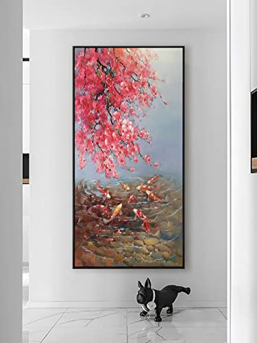 Peinture à l'huile de paysage chinois sur toile tableau vertical neuf poissons